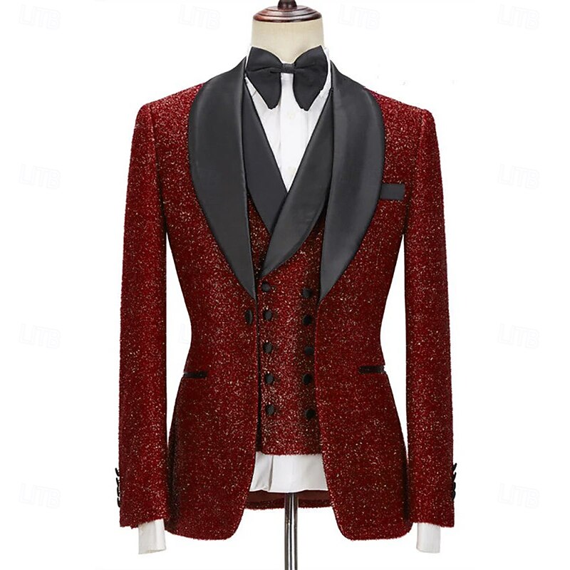Men's Prom Party Suits Black Red Fashion Luxury Solid Colored Standard Fit 3 Piece Single Breasted One-button3