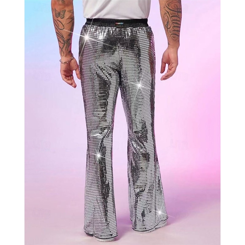 Men's Disco Pants Trousers Casual Pants Sequins Pocket Elastic Waist Plain Comfort Party Stage Disco Lights Vintage Glitters Silver Red Micro-elastic2