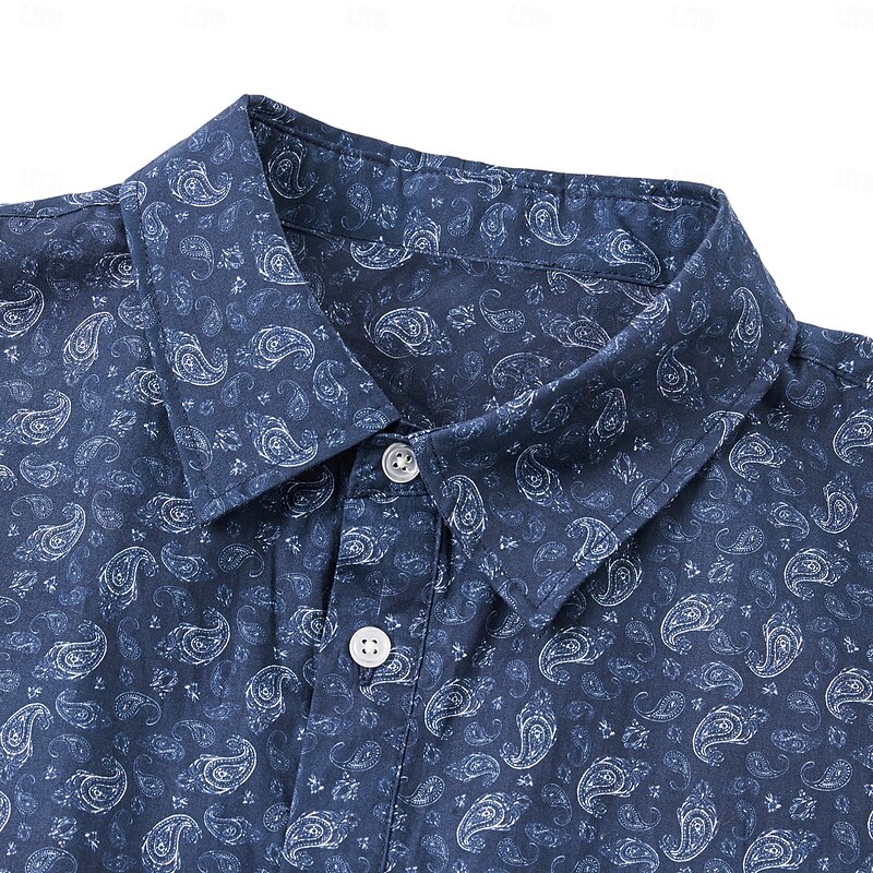 Men's 100% Cotton Paisley Shirt Button Down Shirt Casual Shirt Long Sleeve Vintage Hawaiian Artistic School Performance Wedding Spring Fall Turndown Button Up Navy Blue4