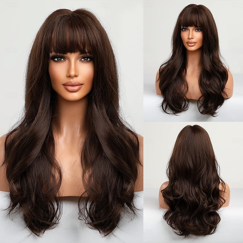 Long Brown Wig with Bangs Wave Curly Wigs for Women Heat Resistant Natural Synthetic Wig for Daily Use2
