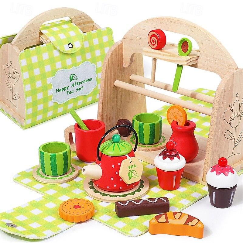 Wooden Kid's Afternoon Tea Dessert Simulation Tea Set Suitcase Toddler Role-playing Educational Toys