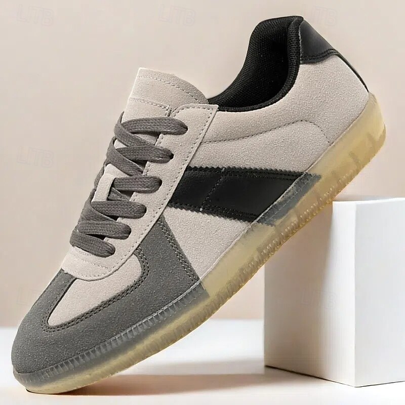 Men's Casual Suede Sneakers with Grey and Black Stripes, Comfortable Lace-up Design for Daily Wear and Sports Activities - Main Image