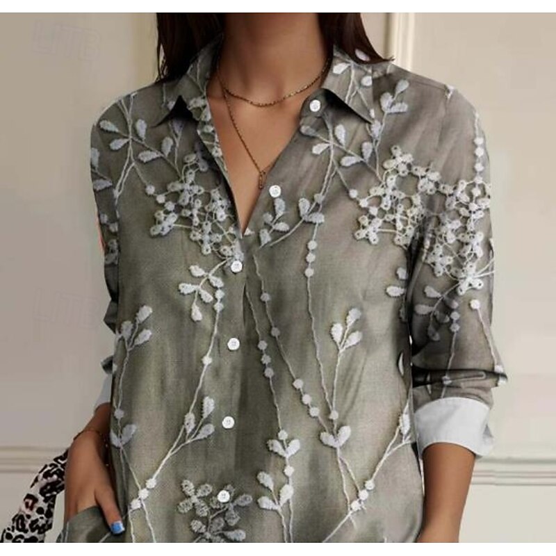 Women's Shirt Button Down Tunic Shirt Collar Long Sleeve Floral Elegant Vintage Daily Regular Tops Work Daily Linen Like s Print Sage Green Spring2