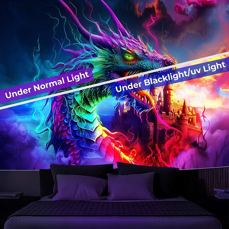 Blacklight Tapestry Glow in the Dark Glow Party UV Reactive Dragon Castle Trippy Misty Nature Landscape Hanging Tapestry Wall Art Mural for Living Room Bedroom2