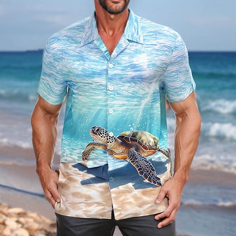 Men's Turtle Sea Creatures Summer Hawaiian Shirt Camp Collar Shirt Aloha Shirt Short Sleeve Hawaiian Vacation Holiday Beach Wear Summer Spring Cuban Collar Button Up 3D Print Sky Blue