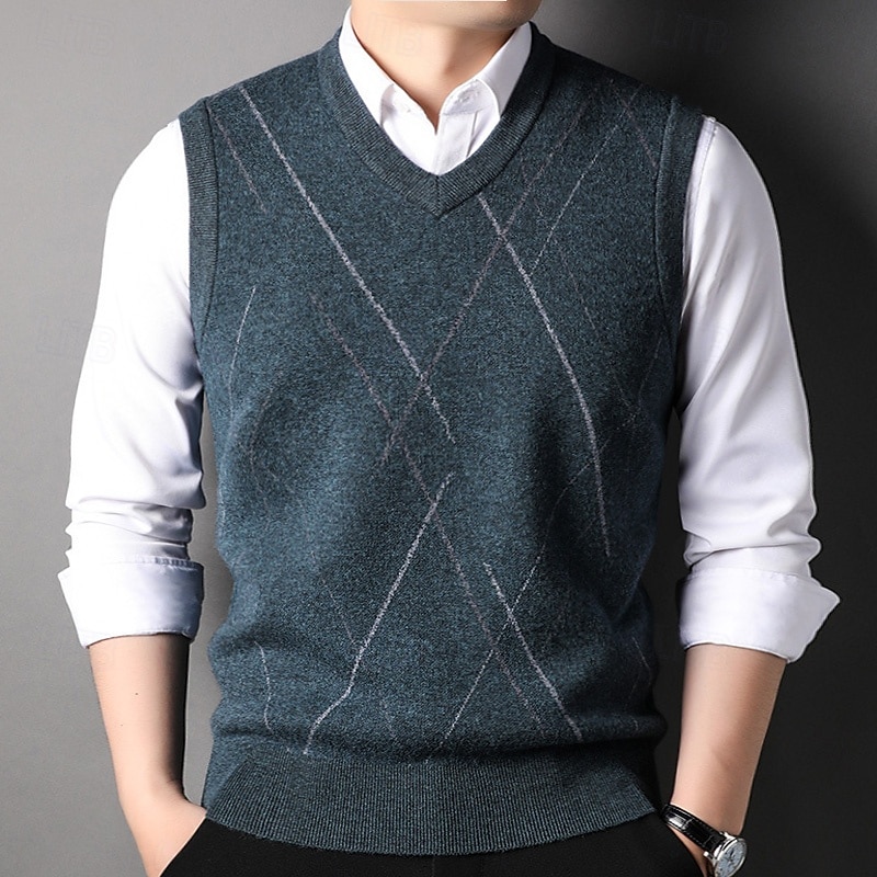 Men's 100% Wool Sweater Vest Knit V Neck Stripe Reactive Print V Neck Knitwear Elegant School Performance Clothing Apparel Spring Fall Black Royal Blue S M L3