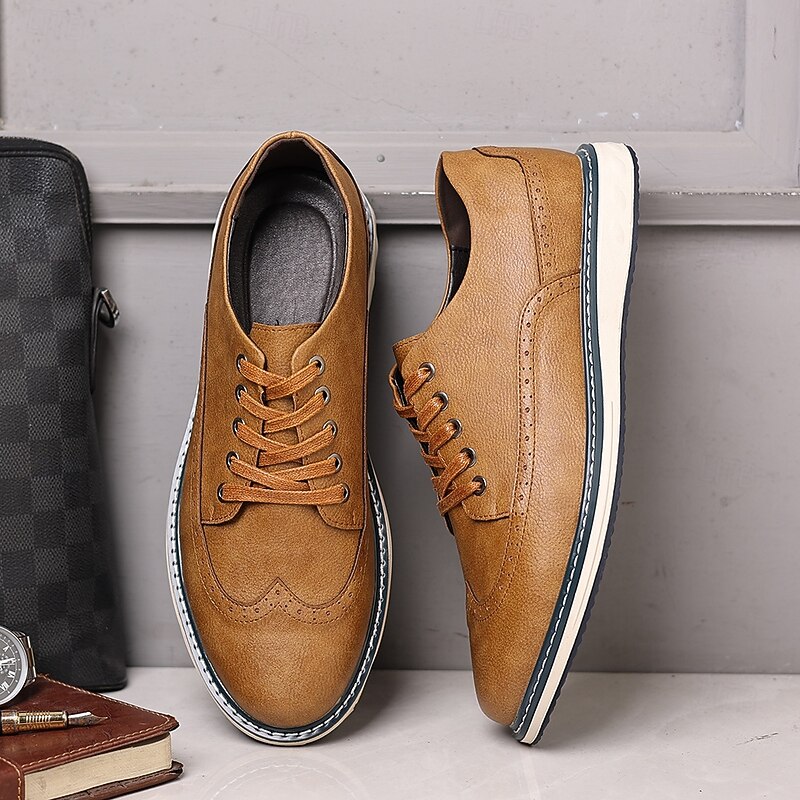 Men's Brown Faux Leather Lace-Up Sneakers with Perforated Detailing, Casual Style, Comfortable for Everyday Wear2