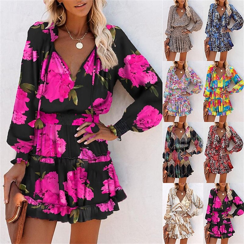 Women's Mini Dress Casual Dress Summer Dress Print Dress Fashion Outdoor Holiday Date Regular Fit Floral Long Sleeve Deep V Yellow Khaki Rose Red Summer Spring