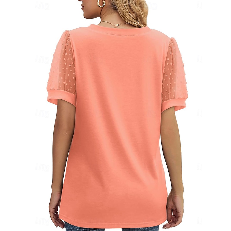 Women's T Shirt Plain Fashion Modern Casual Short Sleeve Puff Sleeve V Neck Regular Tops Daily Weekend Mesh Patchwork Black White Blue Orange Green Summer Spring4