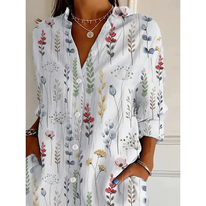 Women's Shirt Button Down Tunic Shirt Collar Long Sleeve Floral Graphic Daily Stylish Retro Vintage Regular Tops Daily Holiday Going out s White Spring2