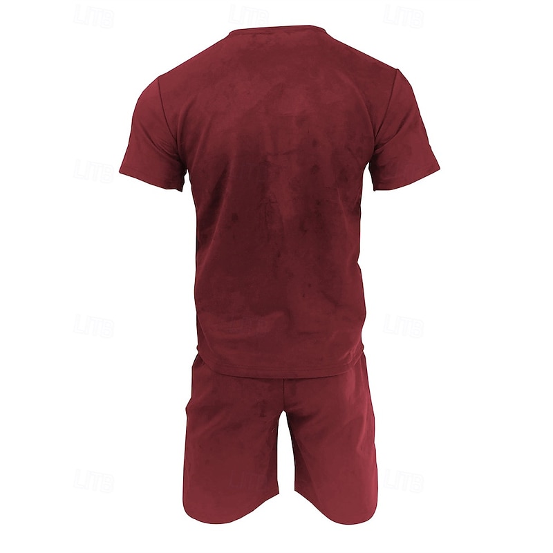 Men's Workout Set Tracksuit T shirt & Shorts Set Outfit Set Crew Neck Outdoor Daily Sports Pocket Drawstring 2 Piece Solid Color Wine Red Royal Blue Green Polyester Activewear Classic Casual Summer3