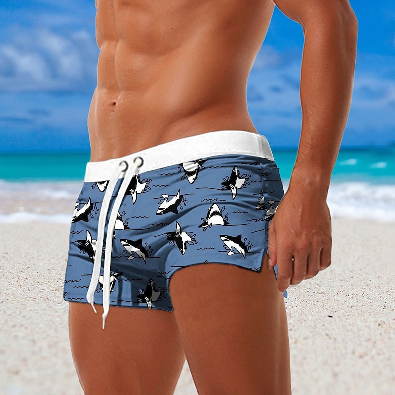 Men's Shark Sea Creatures Swim Trunks Swim Shorts Board Shorts Mid Waist 3D Print Hawaiian Surfing Holiday Beach Drawstring with Mesh lining Elastic Waist Designer Clothing Apparel
