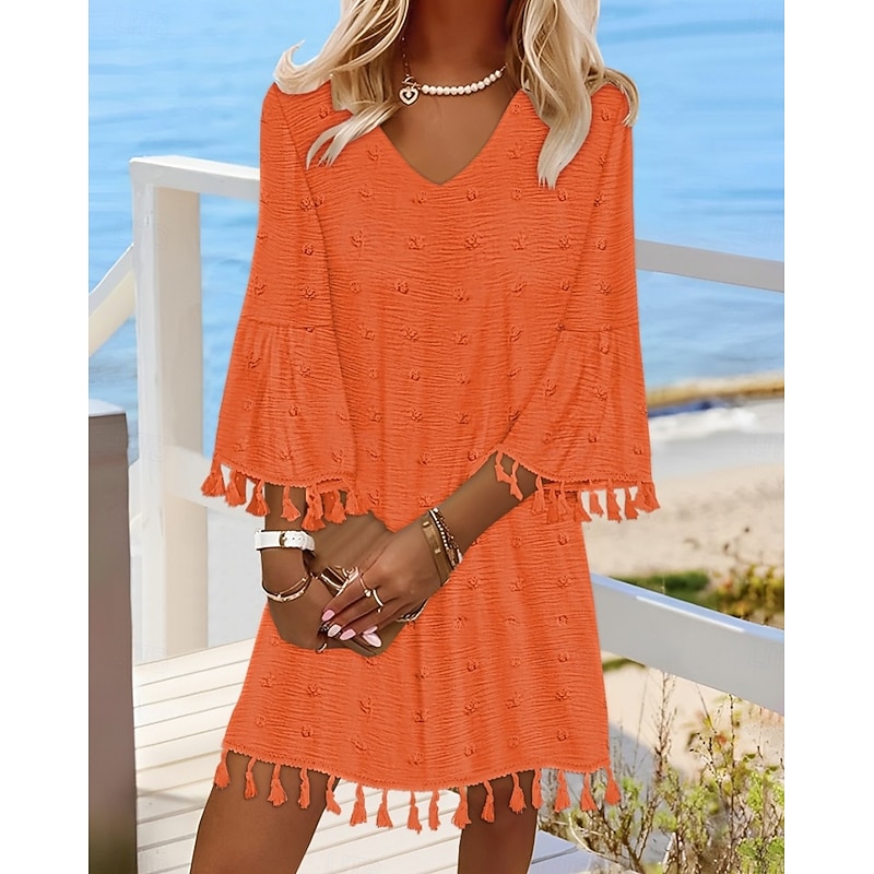 Women's Mini Dress Fringe Dress Elegant Dress Elegant Bell Sleeve Regular Fit Solid Color 3/4 Length Sleeve V Neck White Pink Orange Green Fall2
