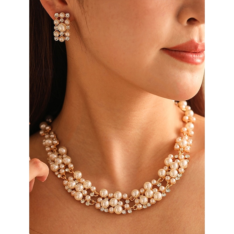 Luxury Faux Pearl Necklace and Earrings Set – Elegant Gold-Plated Bridal Jewelry for Weddings, Parties and Formal Events
