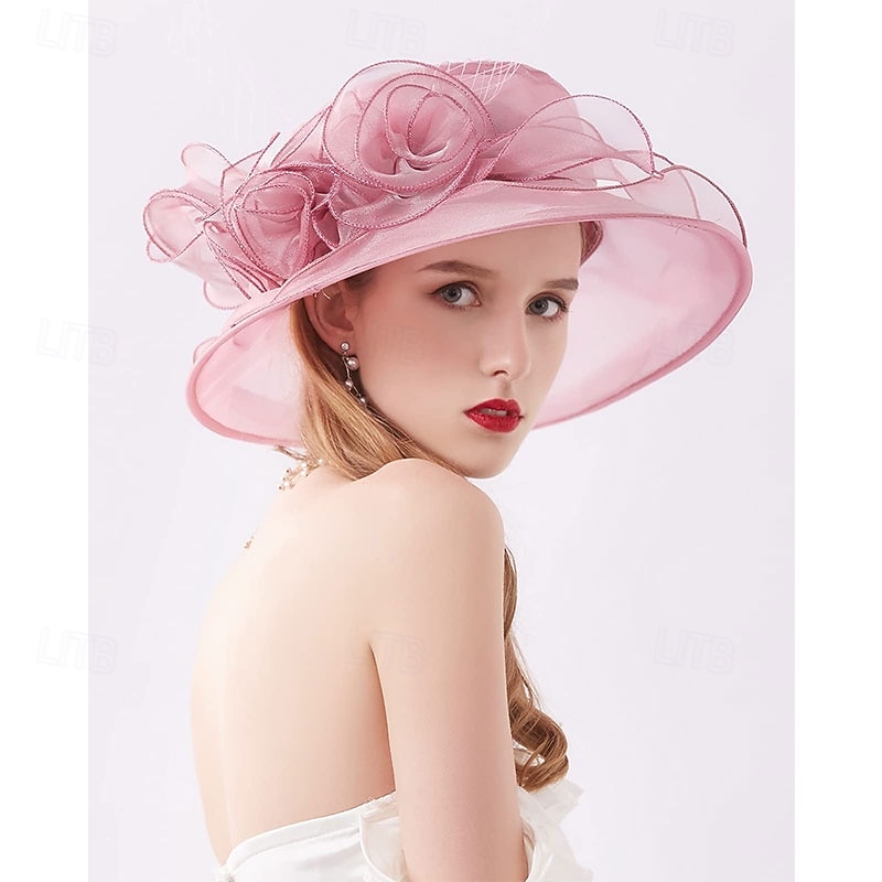 Organza Church Fascinator Wedding Tea Party Derby Hats for Women Flower Wide Brim Sun Hat4