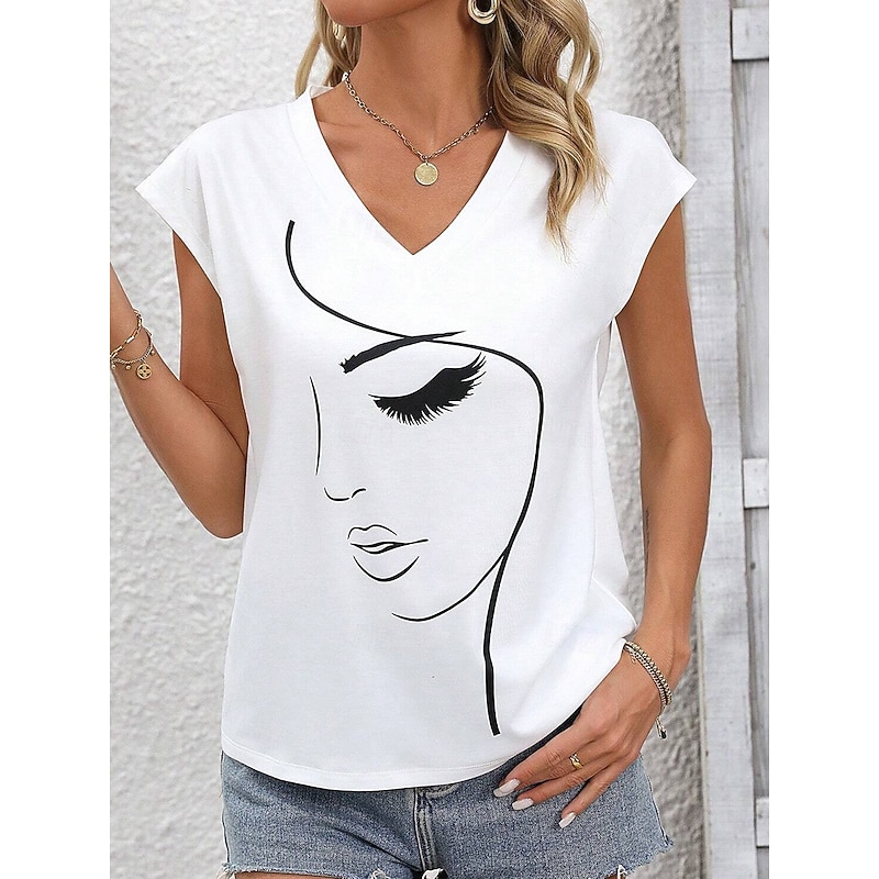 Women's Camisole Tank Top Graphic Stylish Casual Short Sleeve V Neck Regular Tops Daily Print White Summer