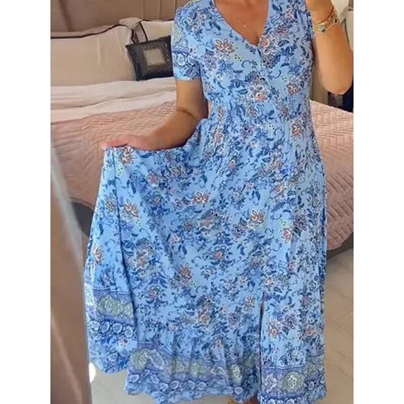 Women's Maxi Dress Casual Dress Boho Dress Elegant Stylish Casual Vacation Casual Daily Regular Fit Floral Short Sleeve V Neck Pink Navy Blue Purple Light Blue Summer Spring3