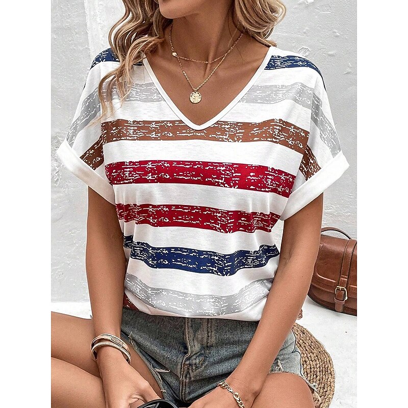 Women's T Shirt Striped Stylish Casual Short Sleeve V Neck Regular Tops Daily Print Red Summer3