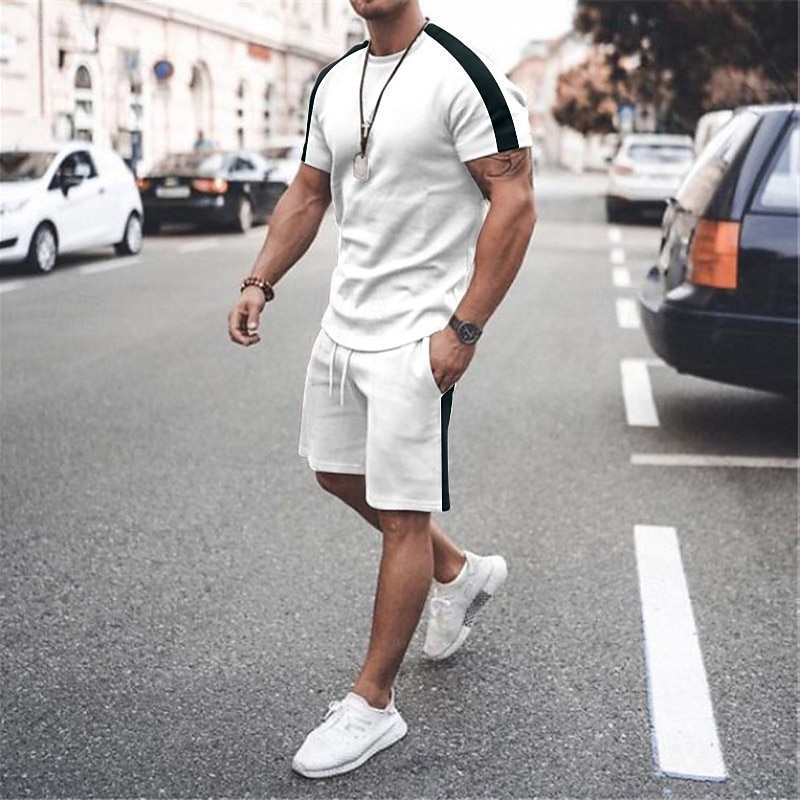 Men's Workout Set Tracksuit T shirt & Shorts Set Outfit Set Crew Neck Outdoor Daily Sports Pocket Drawstring 2 Piece Color Block Lake blue Black / White Wine Red Polyester Activewear Classic Casual3