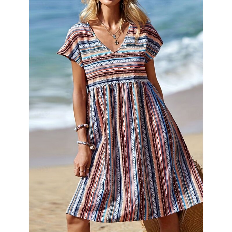 Women's Mini Dress Casual Dress A Line Dress Stylish Casual Vacation Daily Regular Fit Stripe Short Sleeve V Neck Blue Summer4