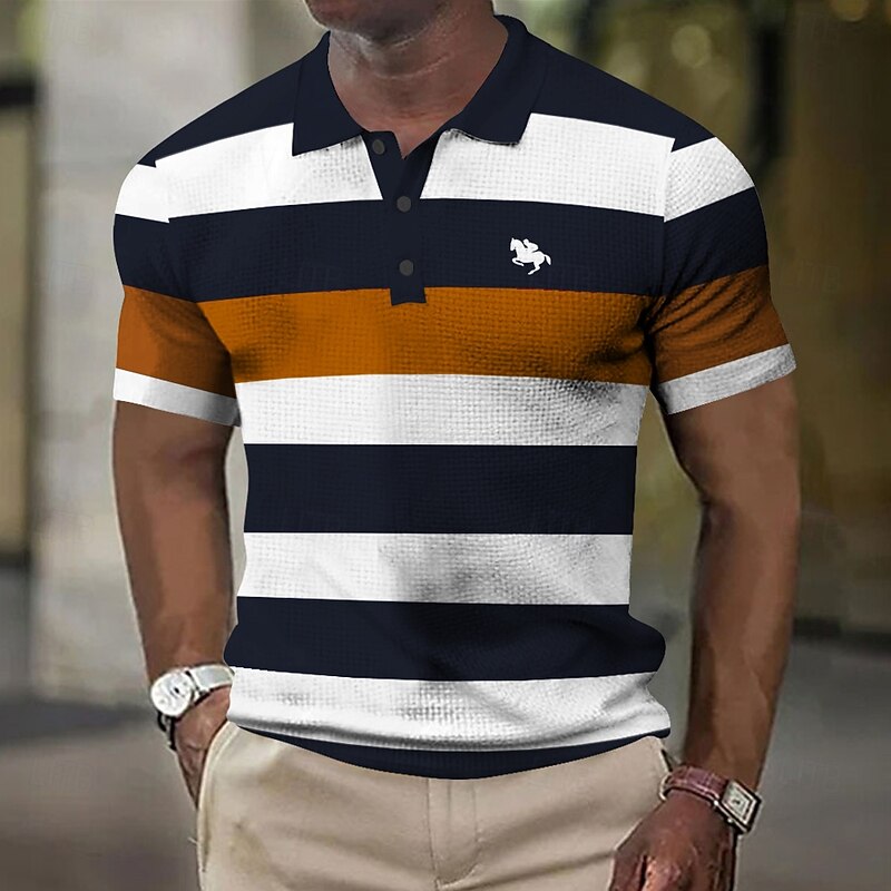 Men's Horizontal Stripes Rugby Polo Short Sleeve Polo Shirts Collared Shirts Business Casual School Formal Dailywear Business Buttons 3D Print Summer Red Brown Green2