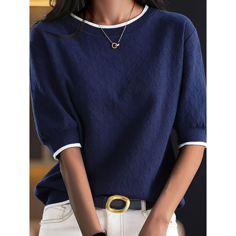 Women's Shirt Blouse Solid Color Stylish Casual 3/4 Length Sleeve Crew Neck Regular Tops Daily Patchwork Blue Summer Spring3