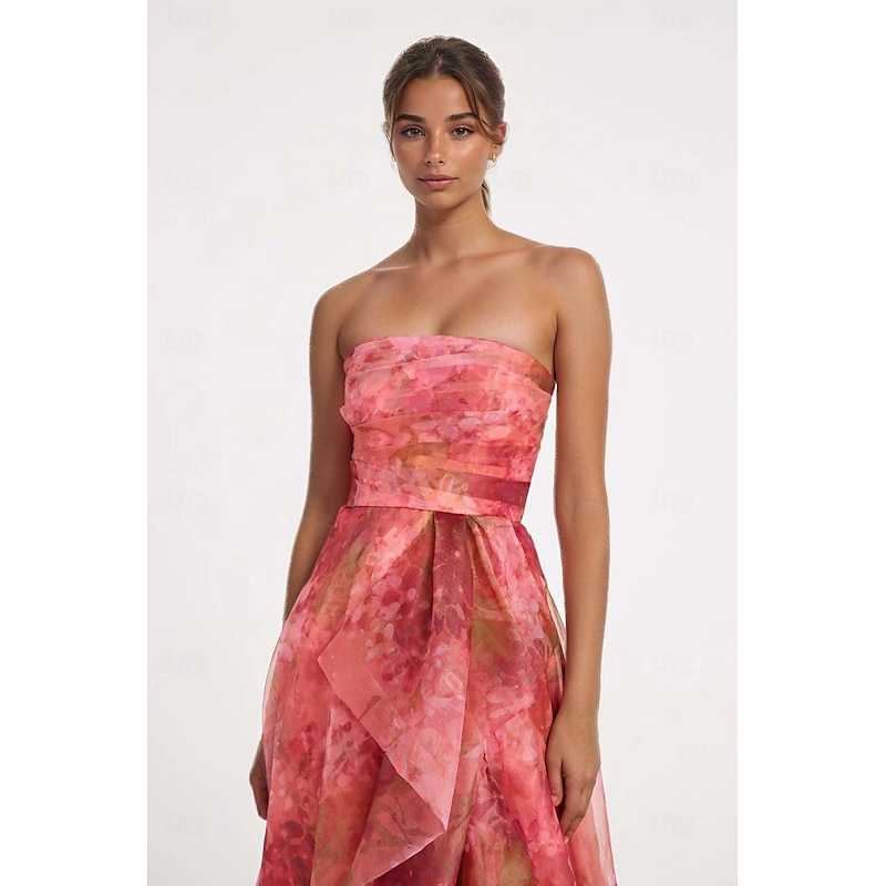 A-Line Evening Gown Celebrity Style Dress Formal Wedding Guest Floor Length Sleeveless One Shoulder Organza with Ruched Ruffles Slit Wedding Guest Dress2