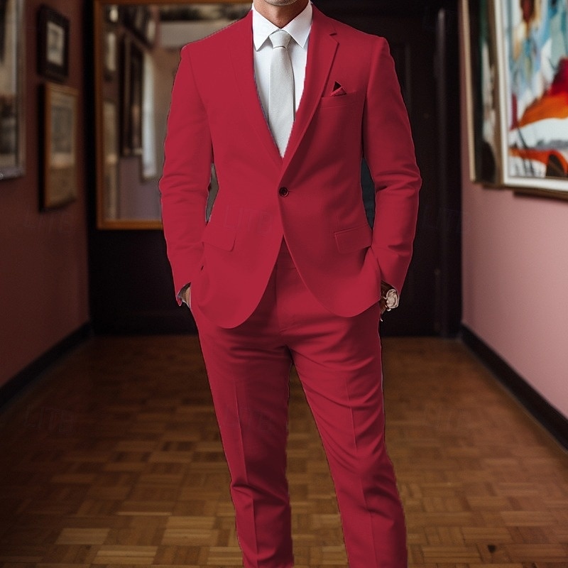 Men's Graduation Blazer Set Business Cocktail Party Wedding Party Fashion Casual Summer Spring Polyester Plain Pocket 2 Piece Comfortable Single Breasted Blazer White Red Navy Blue Blue3