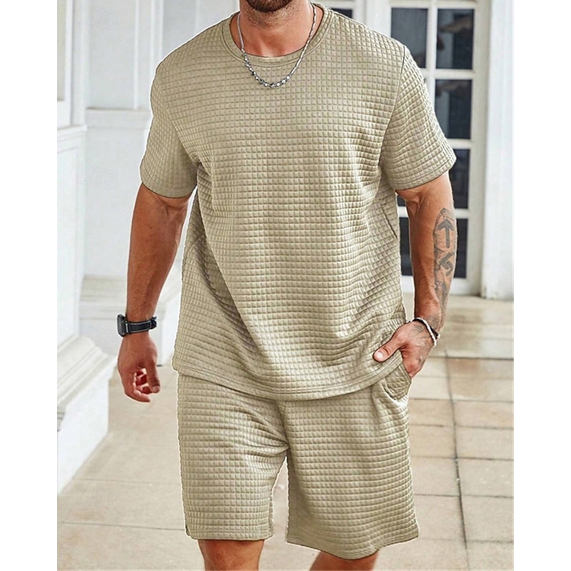 Men's Waffle Tracksuit T shirt & Shorts Set Outfit Set Crew Neck Outdoor Daily Sports Pocket Drawstring 2 Piece Plain Black White Khaki Polyester Activewear Classic Casual Summer