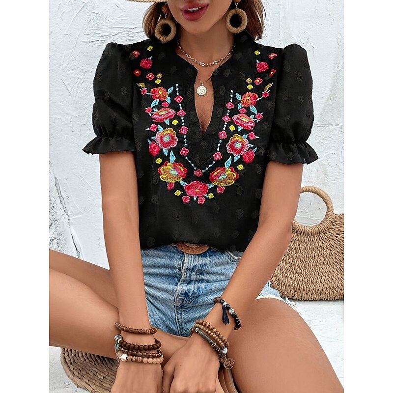 Women's T Shirt Floral Fashion Modern Casual Short Sleeve Notched Neck Regular Tops Daily Weekend Ruffle Patchwork Embroidered Black Summer3