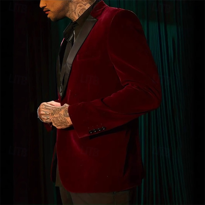 Men's Blazer Velvet Blazer Business Cocktail Party Wedding Party Fashion Casual Spring Fall Polyester Solid Color Pocket Buttons Comfortable Single Breasted Blazer Red Green2