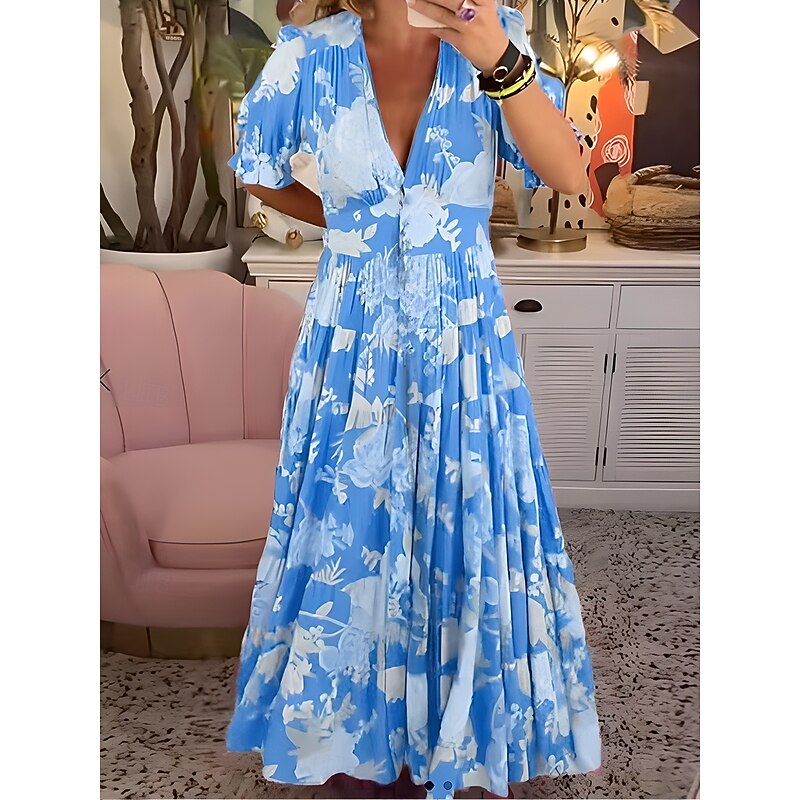 Women's Maxi Dress Corset Dress A Line Dress Summer Dress Stylish Casual Vacation Daily Regular Fit Floral Short Sleeve V Neck Red Sky Blue Green Summer3