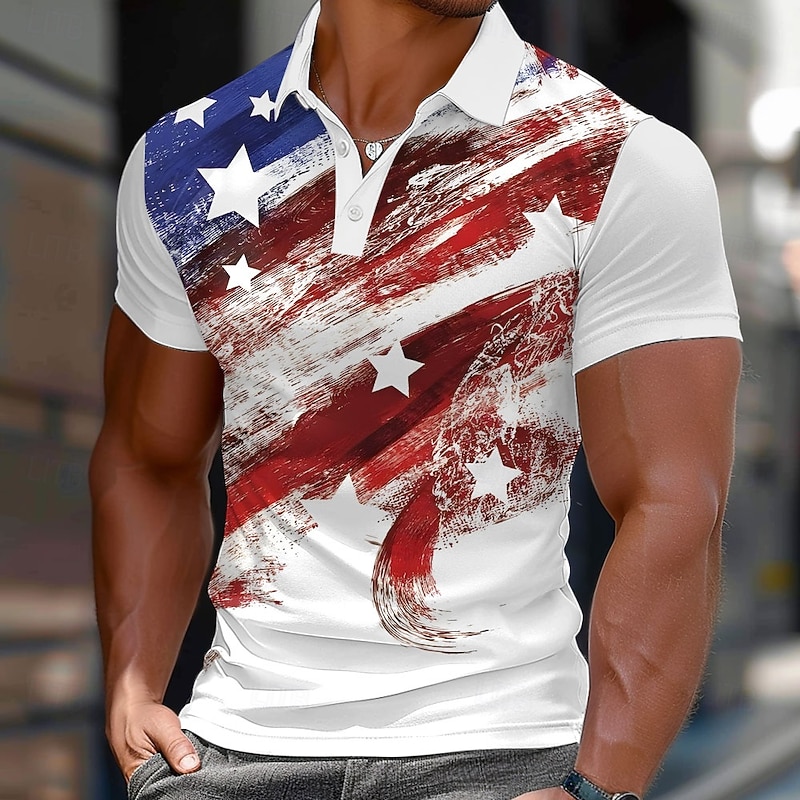 Men's American US Flag Polo Short Sleeve Polo Shirts Collared Shirts Casual School Outdoor Daily Wear Buttons 3D Print Summer Spring Fall Blue