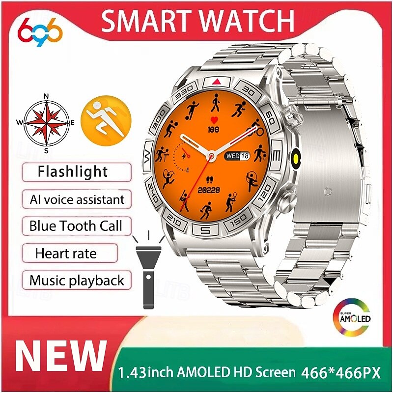 696 KC80 Smart Watch 1.43 inch Smartwatch Fitness Running Watch Bluetooth ECG+PPG Pedometer Call Reminder Compatible with Android iOS Women Men Hands-Free Calls Message Reminder IP 67 47mm Watch Case