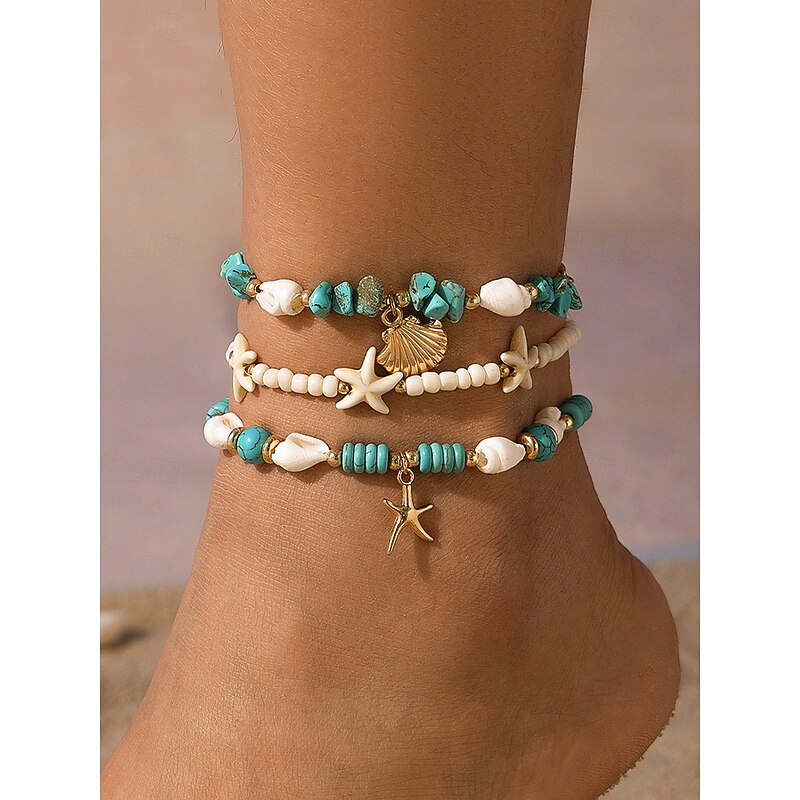 Boho Beach Anklet Set for Women – Handmade Shell & Turquoise Beaded Starfish Ankle Bracelets, Summer Foot Jewelry for Vacations & Festivals3