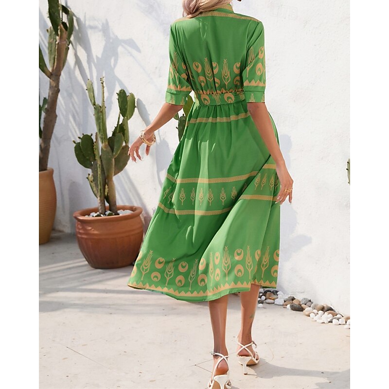 Women's Long Dress Maxi Dress Casual Dress Summer Dress Boho Dress Fashion Outdoor Holiday Date Regular Fit Painting 3/4 Length Sleeve Shirt Collar Black White Green Summer Spring4
