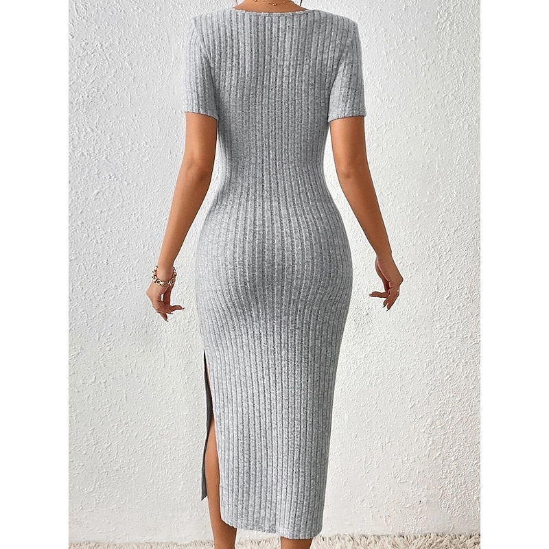 Women's Long Dress Maxi Dress Knit Dress Modern Daily Slim Pure Color Short Sleeve Square Neck Light Grey Apricot Spring Fall