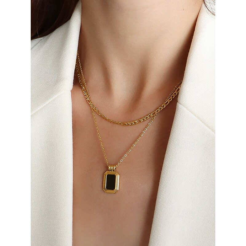 Women's multi-layered double chain with black rectangular pendant necklace - can be worn separately, elegant women's jewelry, suitable for formal and casual occasions