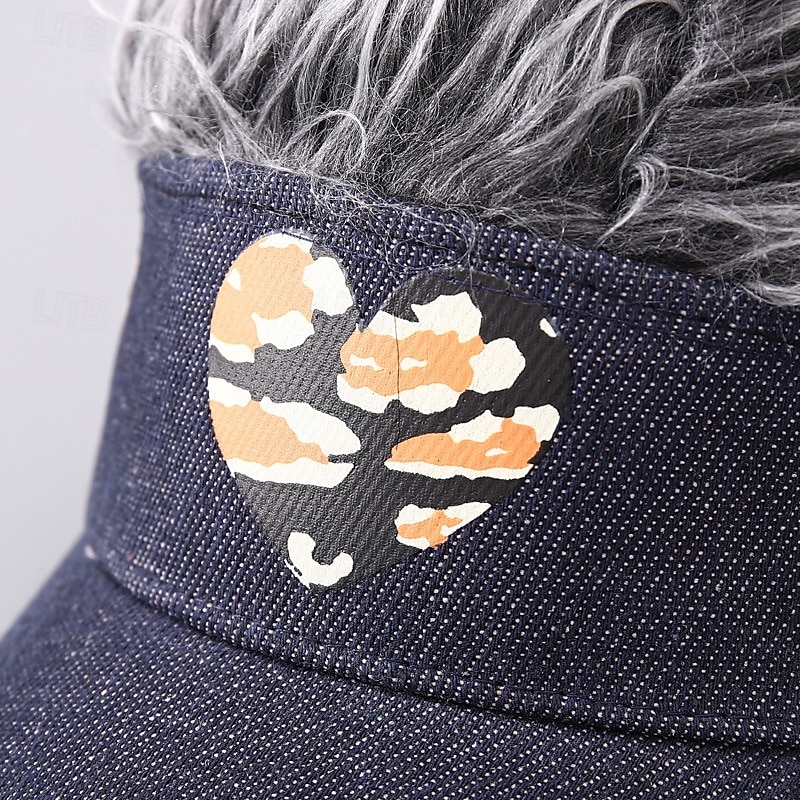 Men's Visor Hat with Spiked Wigs Fake Hair Visor Wig Men Sun Hat Baseball Cap Wig Hat Black Coffee 100% Cotton Print Fashion Casual Daily Festival Heart Adjustable Sunscreen Breathable4