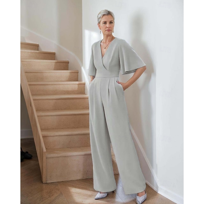 Jumpsuit Mother of the Bride  Elegant Simple Minimalist V Neck Floor Length Crepe Short Sleeve with Pleats Ruching Solid Color4