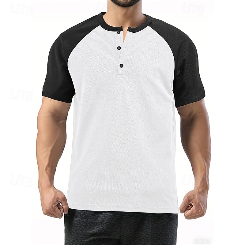 Men's Button T Shirt T Shirt Henley Shirt Tee Short Sleeve Henley Summer Color Block Fashion Designer Basic Patchwork Vacation Street Going out White Wine Camel Top Tee for Men2