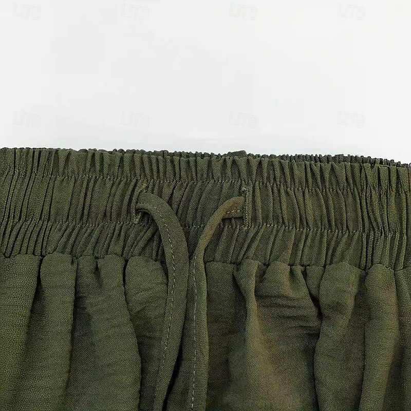 Men's Joggers Linen Pants Trousers Summer Pants Beach Pants Pocket Drawstring Elastic Waist Plain Comfort Breathable Full Length Casual Daily Holiday Fashion Retro Vintage Green Khaki3