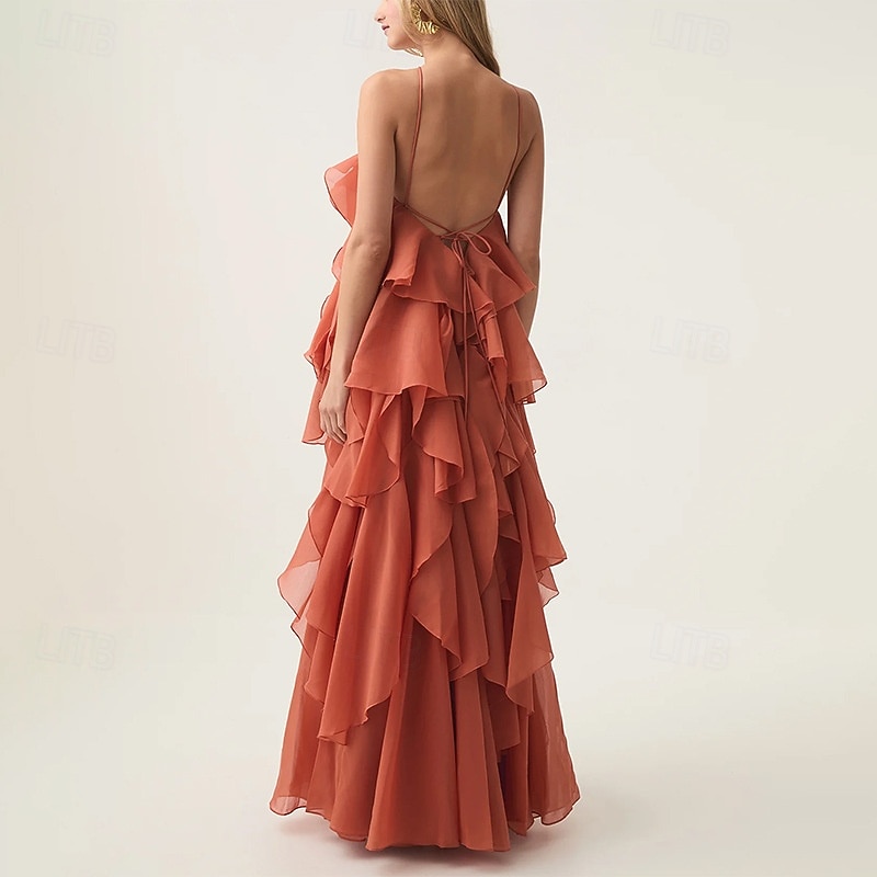 A-Line Evening Gown Elegant Dress Formal Evening Party Floor Length Sleeveless Halter Neck Organza with Flowers and Ruffles2