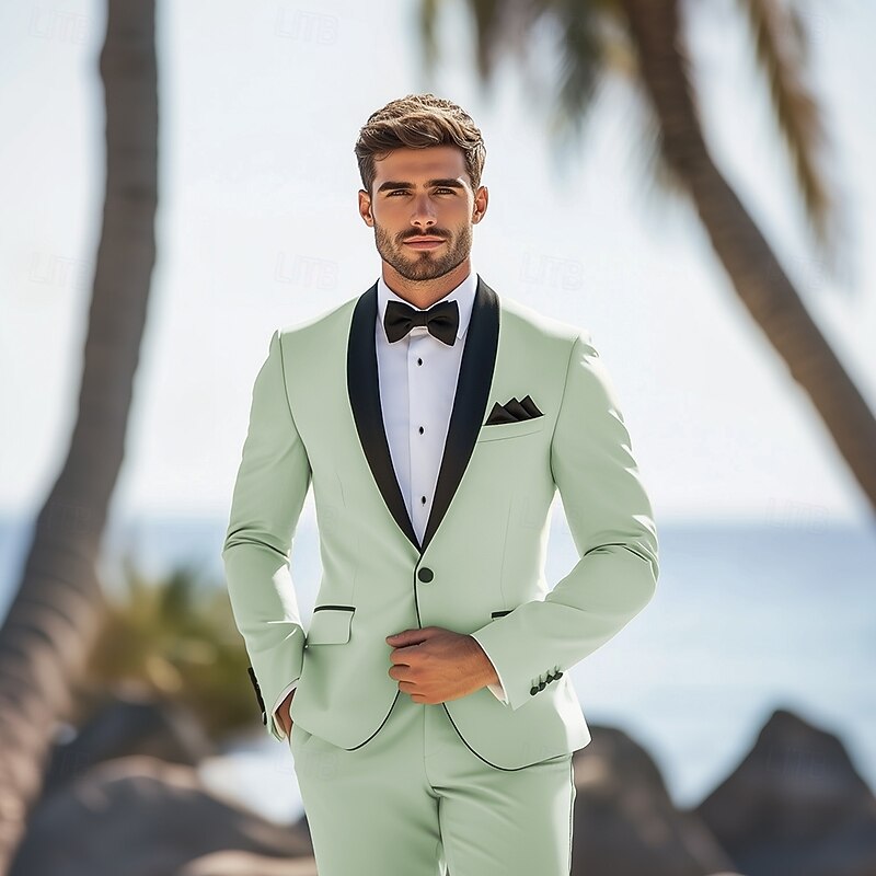 Men's Wedding Prom Party Suits Shawl Lapel Light Green Fashion Formal Solid Colored Standard Fit 2 Piece Single Breasted One-button2