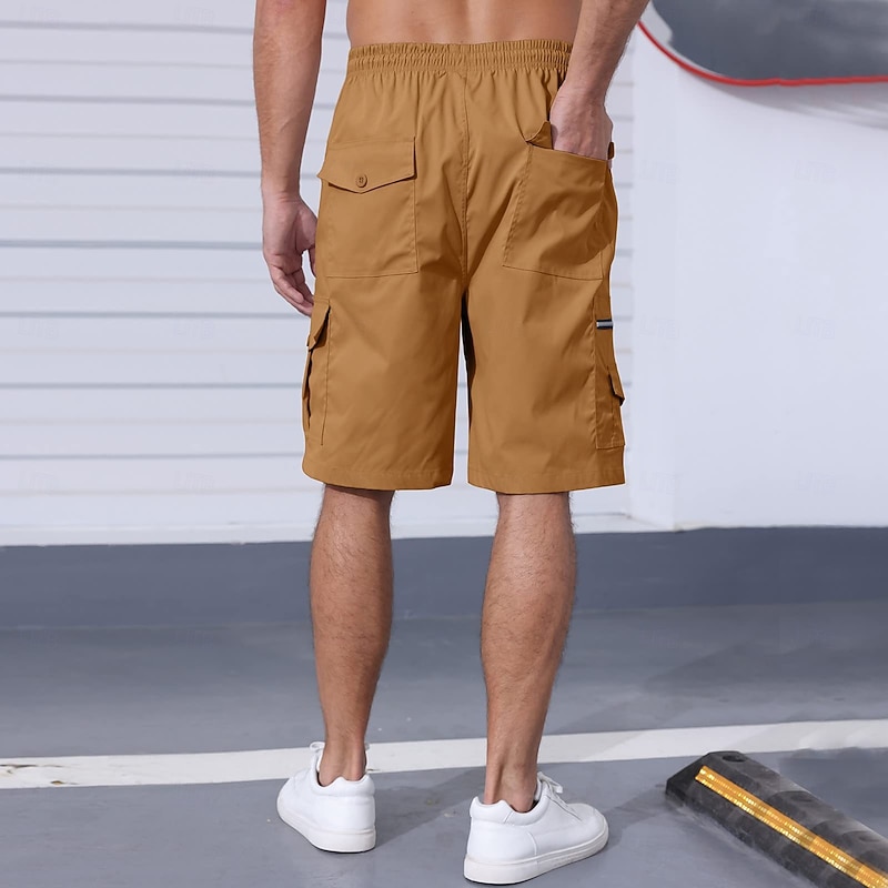 Men's Cargo Shorts Shorts Bermuda shorts Casual Shorts Drawstring Elastic Waist Multi Pocket Plain Breathable Moisture Wicking Knee Length Outdoor Casual Running Fashion Streetwear Dark Khaki Black2