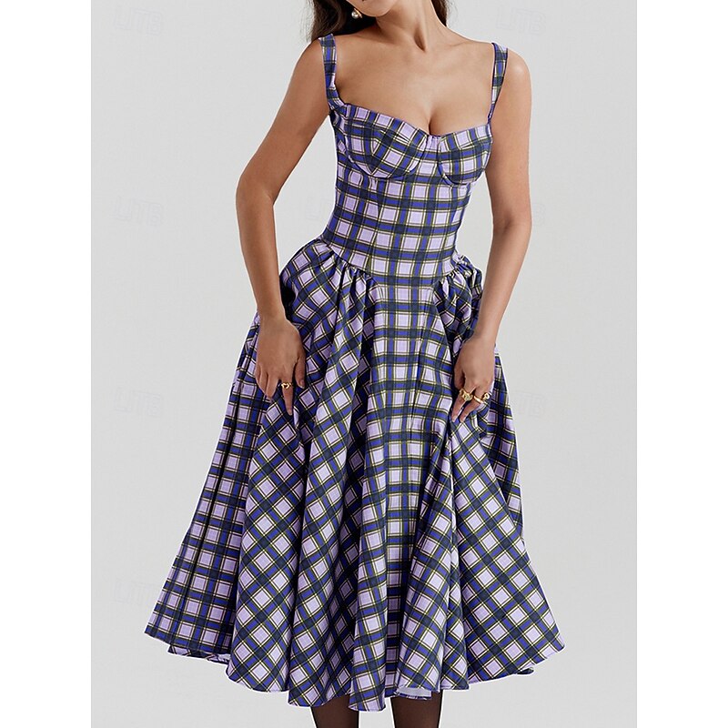 Retro Vintage 1950s Midi Dress Flare Dress Spaghetti Strap Corset Plaid A-Line Fancy Dress Women's Masquerade Wedding Vacation Tea Party Adults' Dress3