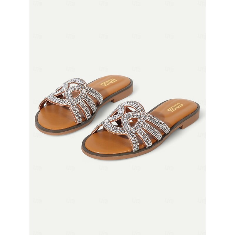 Women's Brown Rhinestone Embellished Slide Sandals – Open-Toe Flat Slip-On Sandals for Summer Beach & Casual Wear3