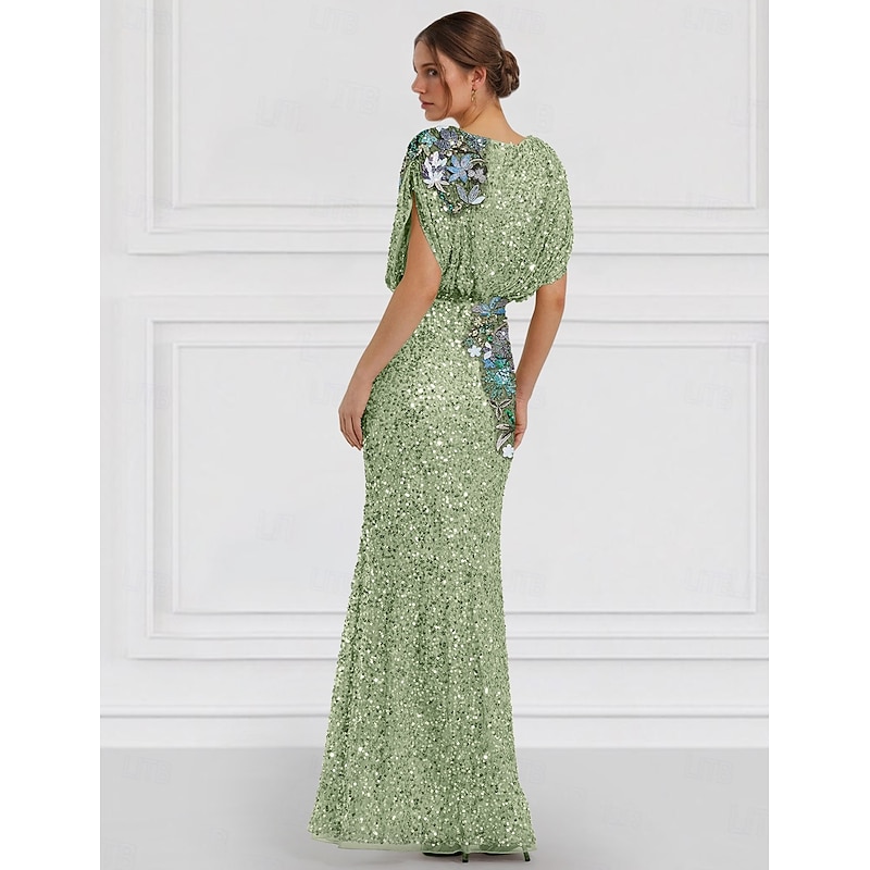 Column Evening Gown Embroidered Elegant Dress Formal Wedding Floor Length Short Sleeve Jewel Neck Sequined with Glitter2
