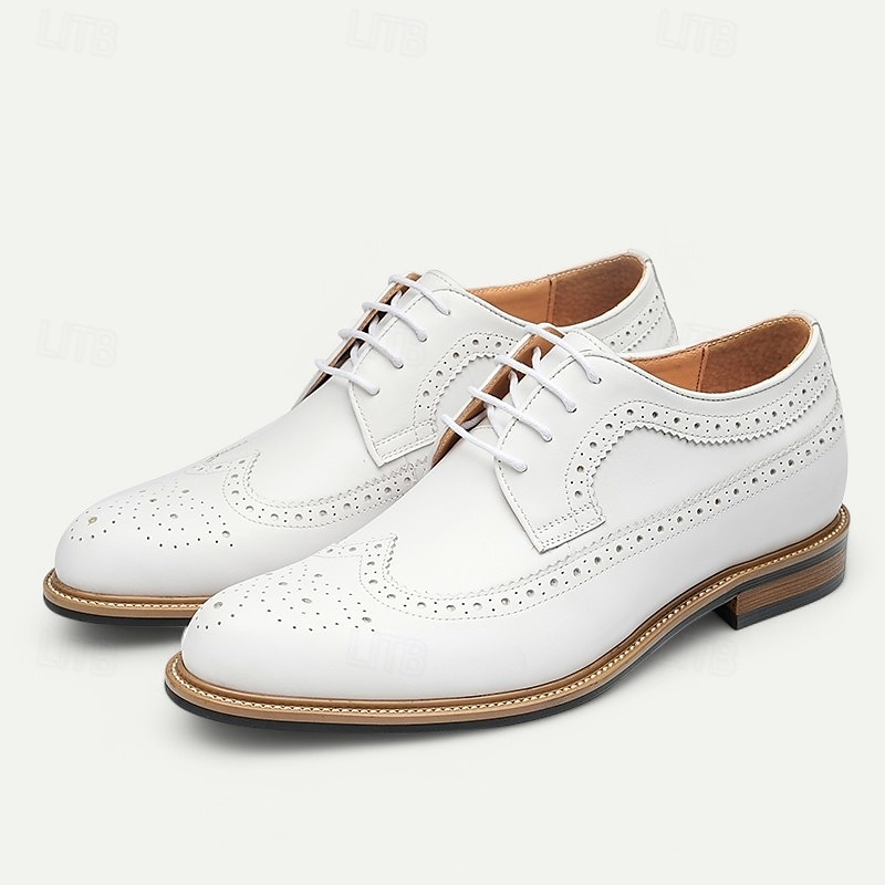 Men's White Premium Cowhide Lace-Up Brogue Shoes with Perforated Detailing, Formal Style for Weddings and Special Events2