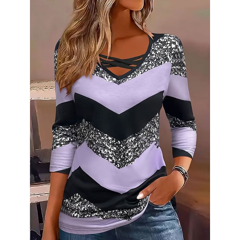 Women's T Shirt Striped Casual Long Sleeve V Neck Regular Tops Daily Print Purple Spring Fall